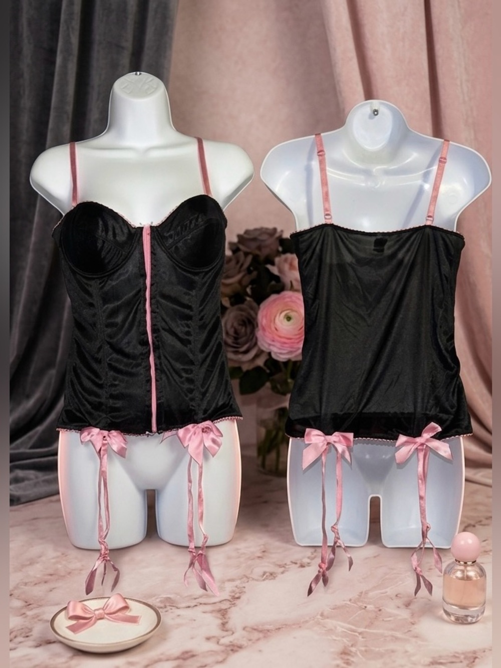 Spencers Black and Pink Corset Top/Lingerie with Garter Straps (36C)